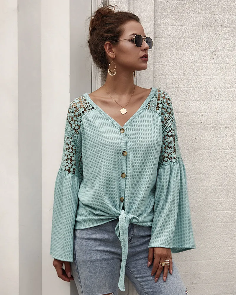 Multicolor Long Sleeve Lace Shoulder Knitting Sweater