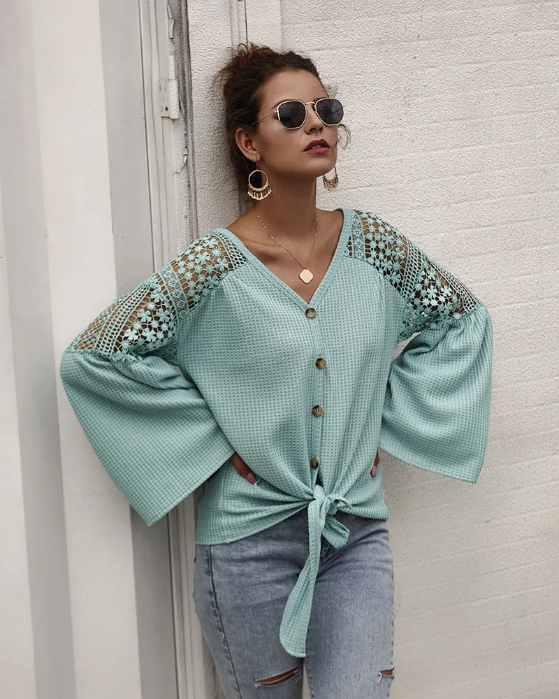 Multicolor Long Sleeve Lace Shoulder Knitting Sweater