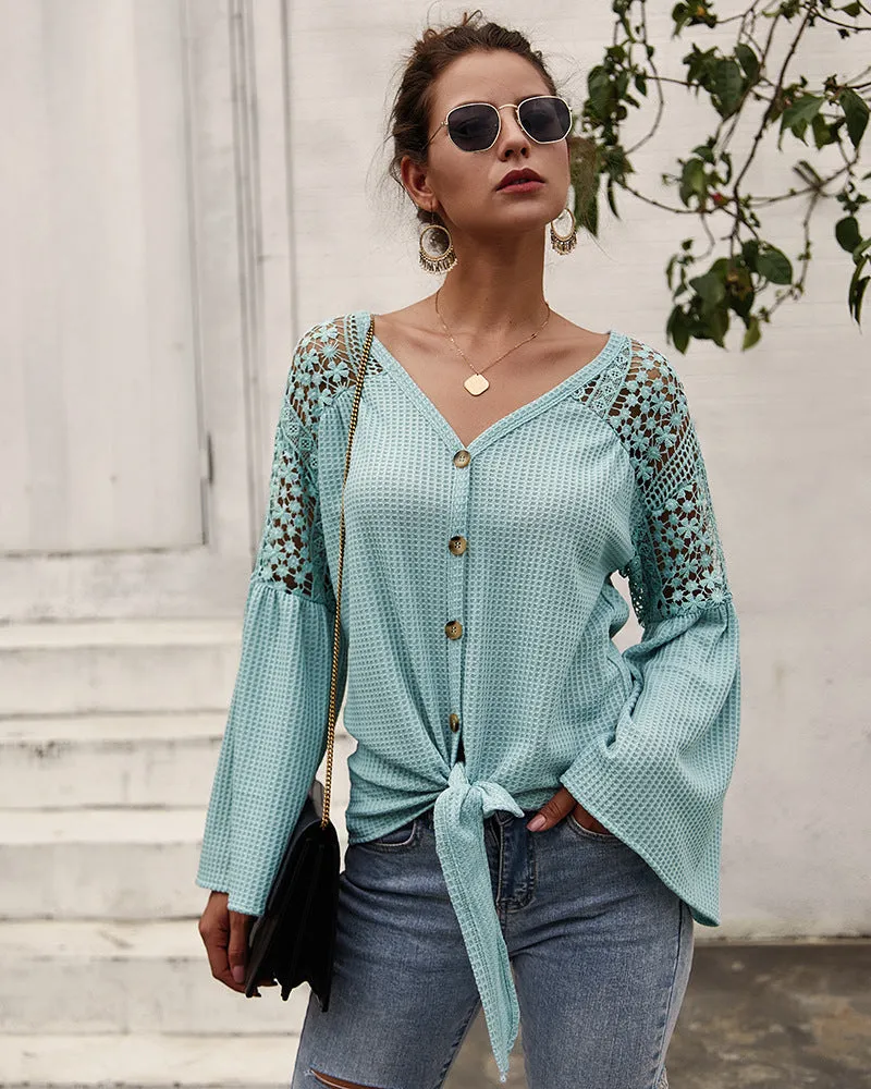 Multicolor Long Sleeve Lace Shoulder Knitting Sweater