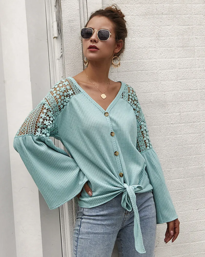 Multicolor Long Sleeve Lace Shoulder Knitting Sweater