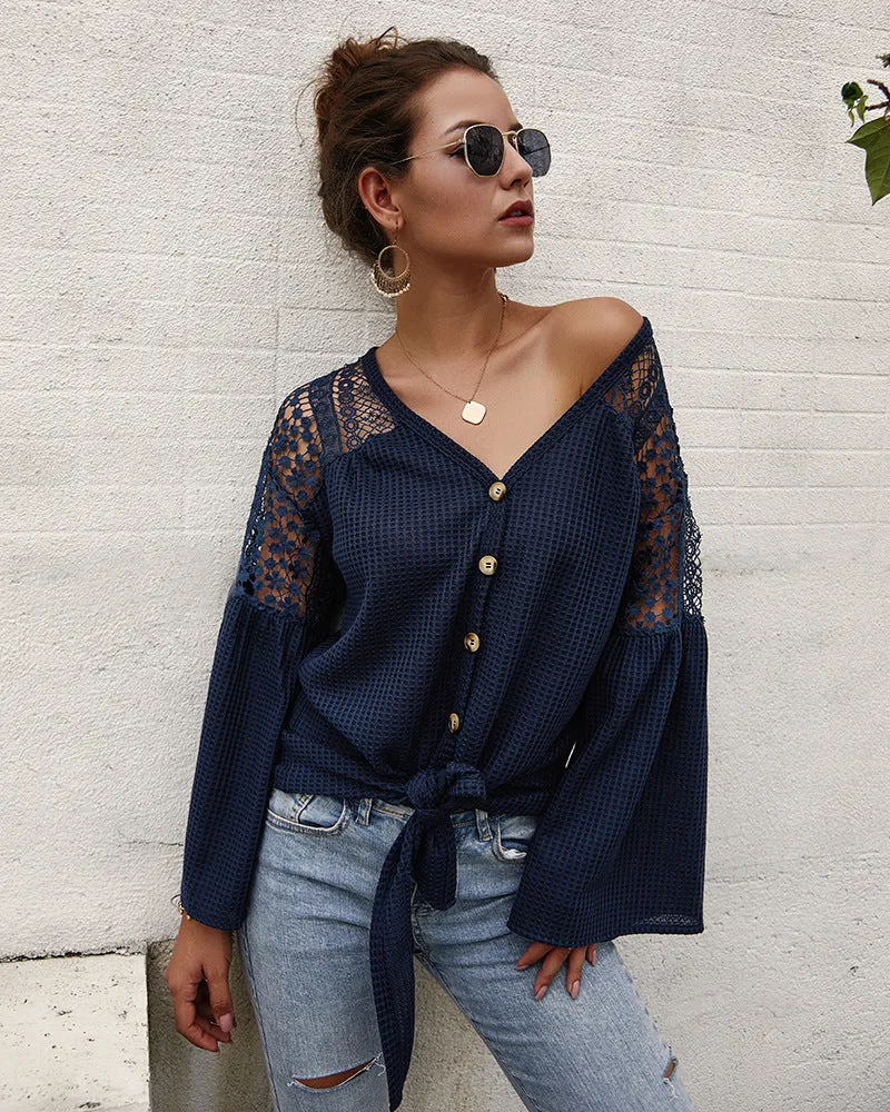 Multicolor Long Sleeve Lace Shoulder Knitting Sweater