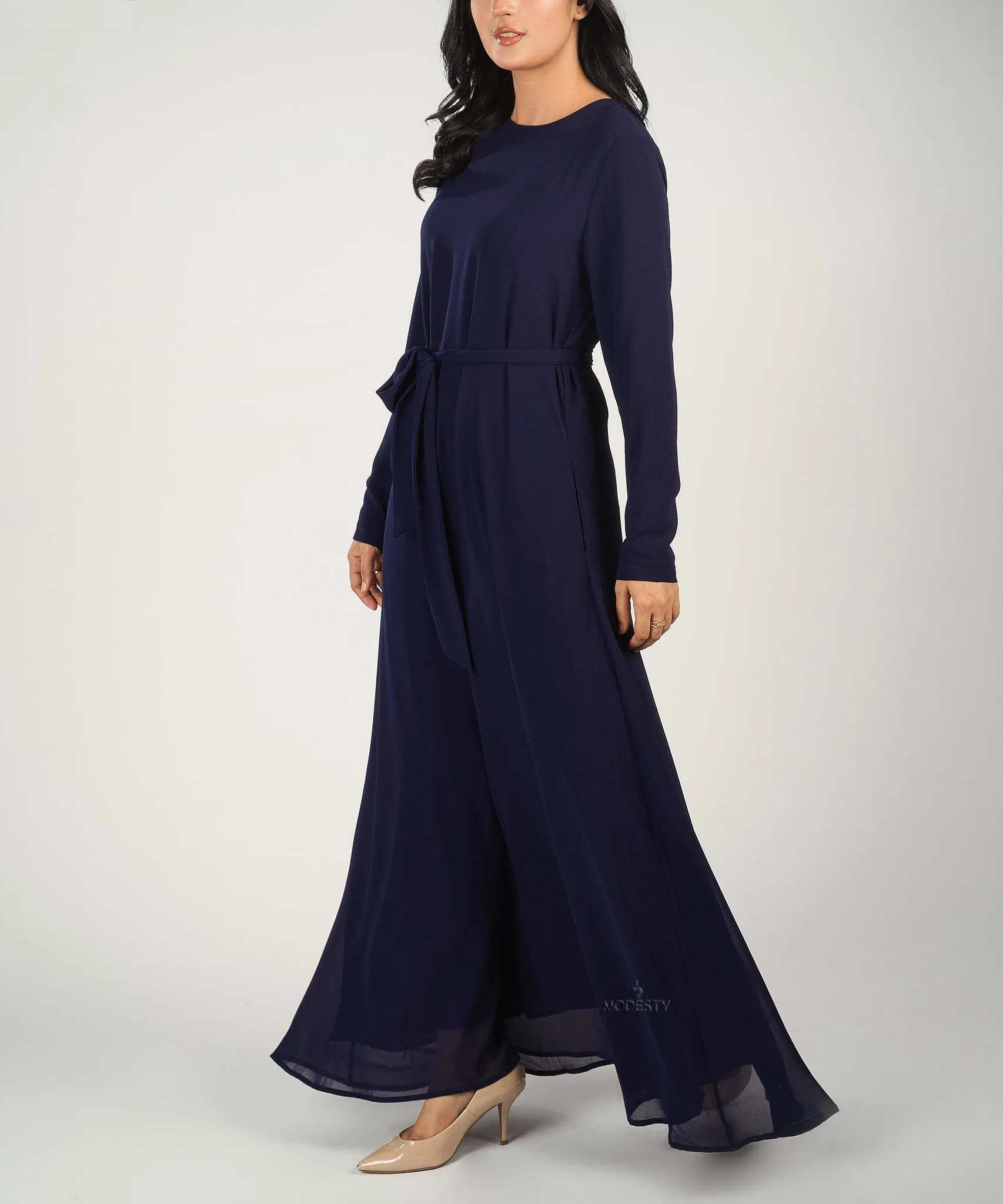 Navy Classic A-Line Long Sleeve Maxi Abaya Dress