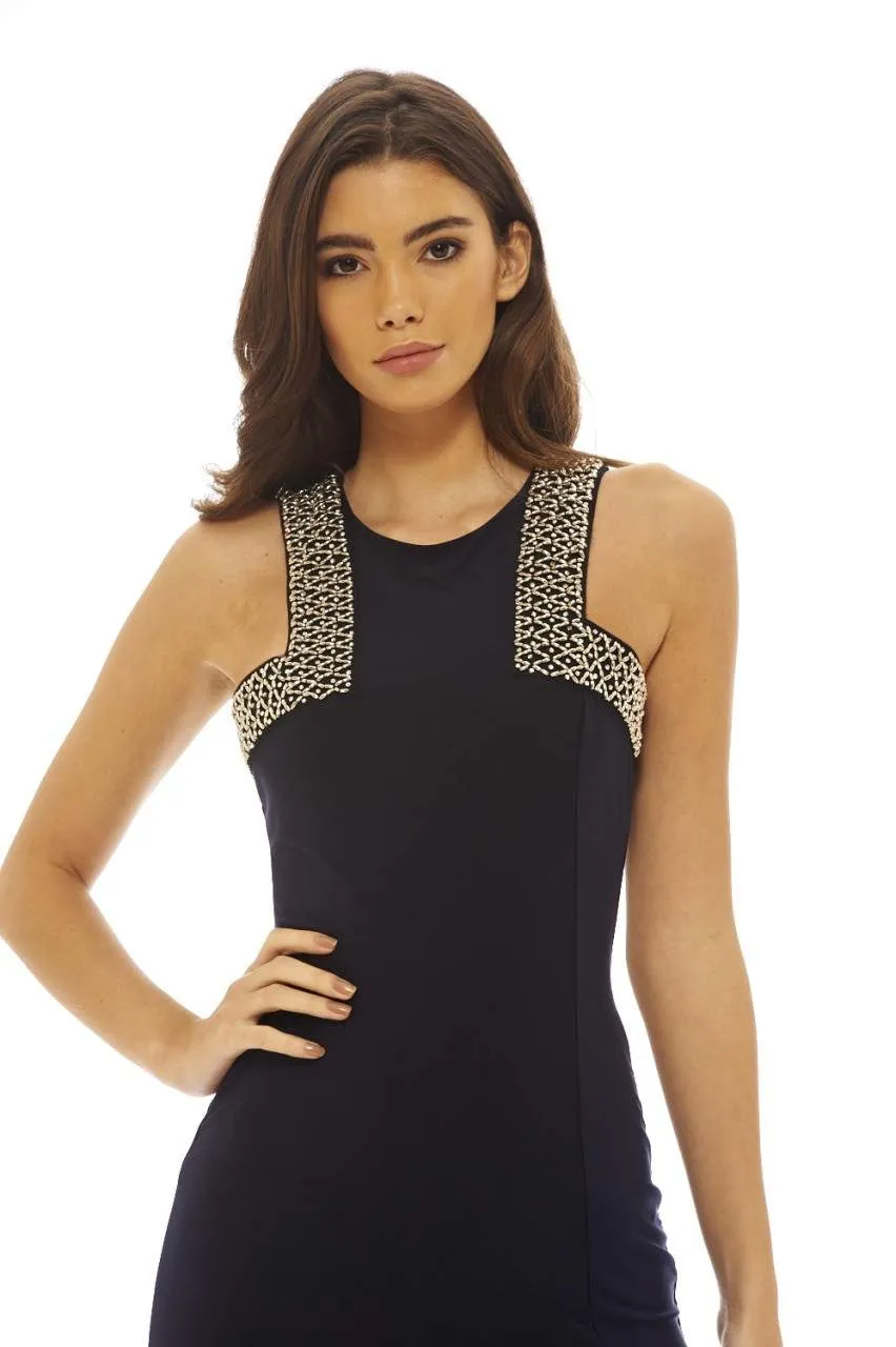 Navy Embellished  Slinky Maxi Dress