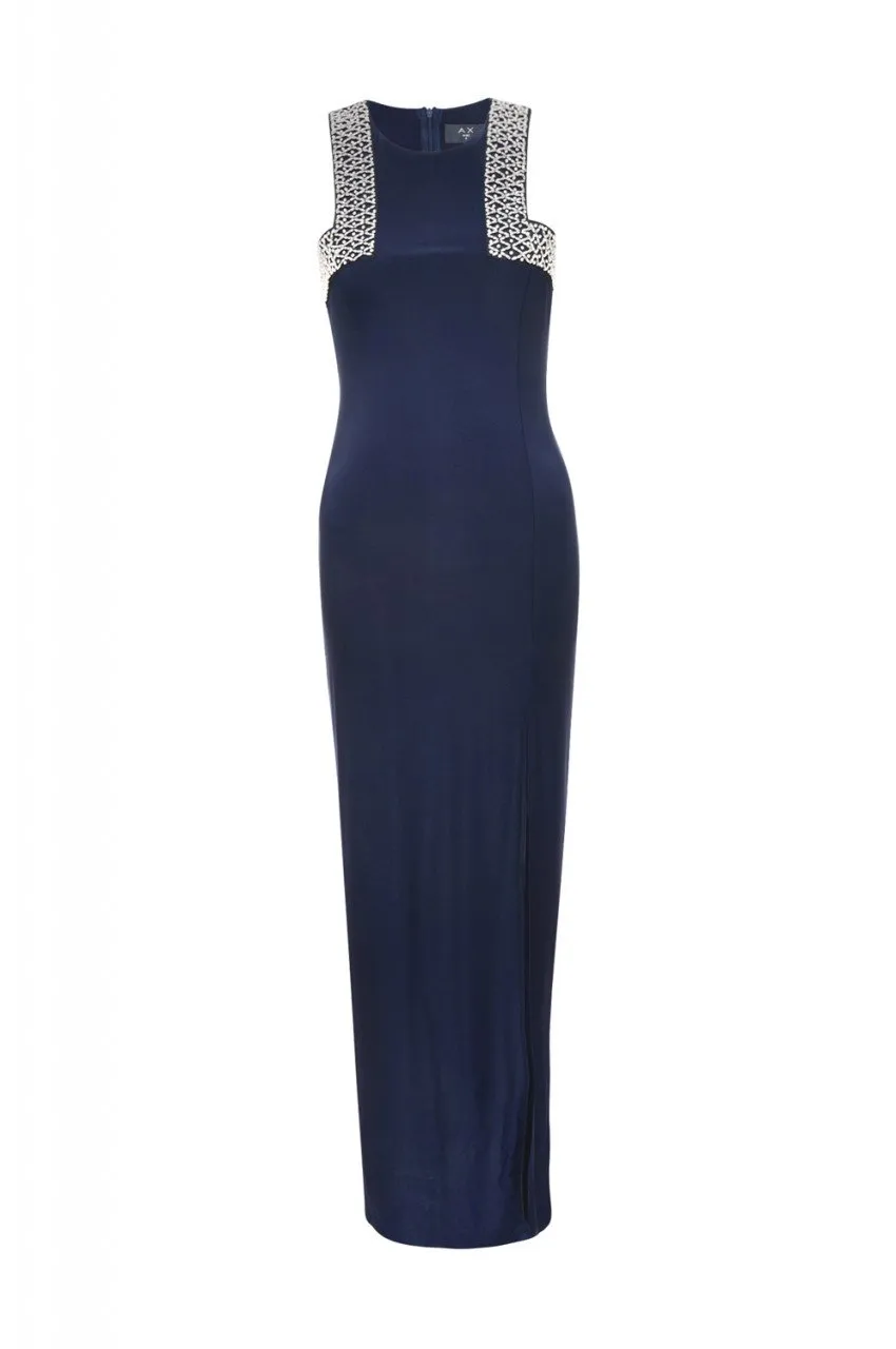 Navy Embellished  Slinky Maxi Dress