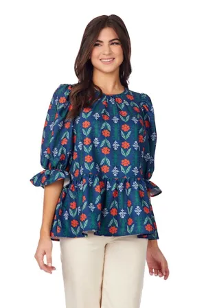 Navy Floral Pierce Flounce Top