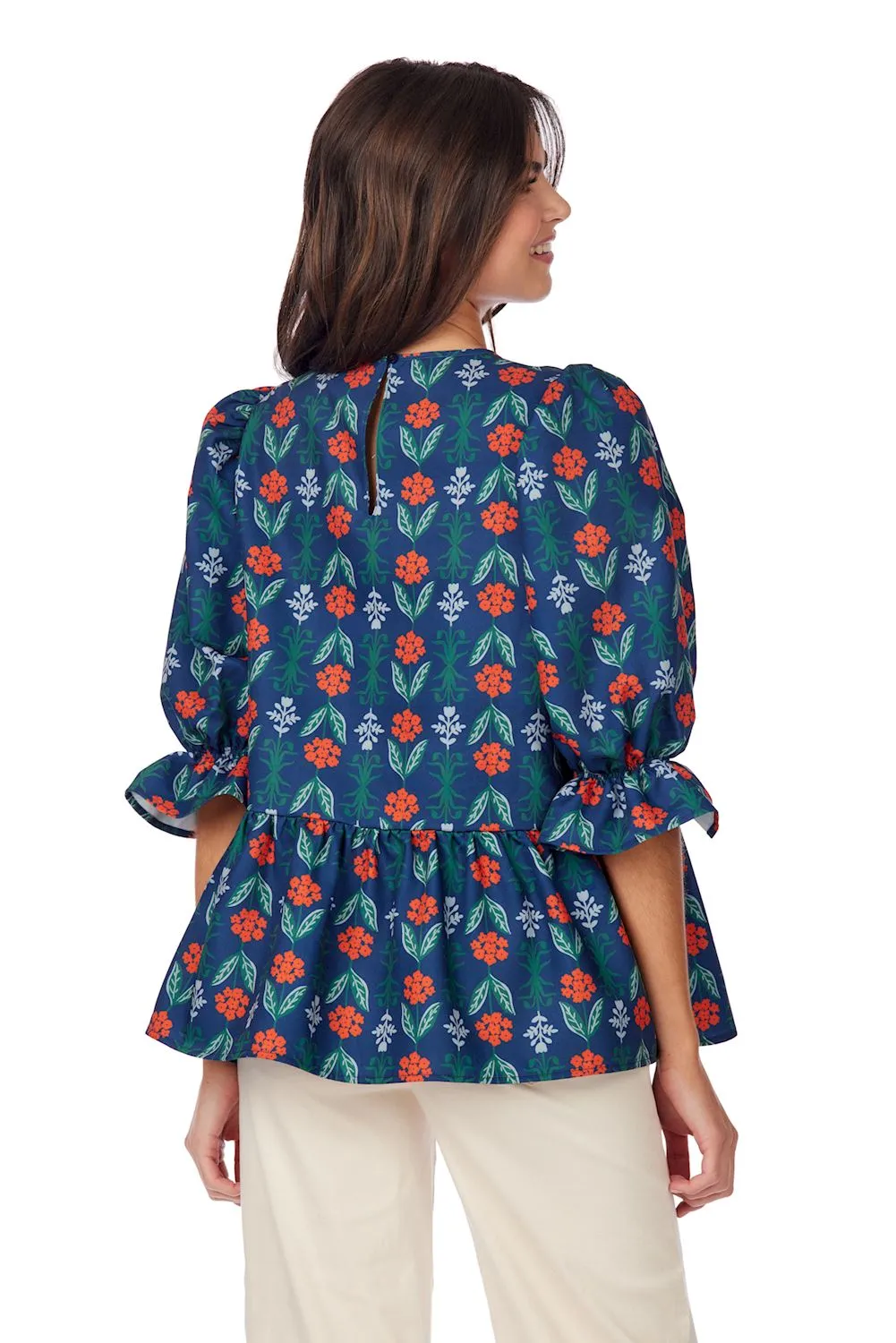 Navy Floral Pierce Flounce Top