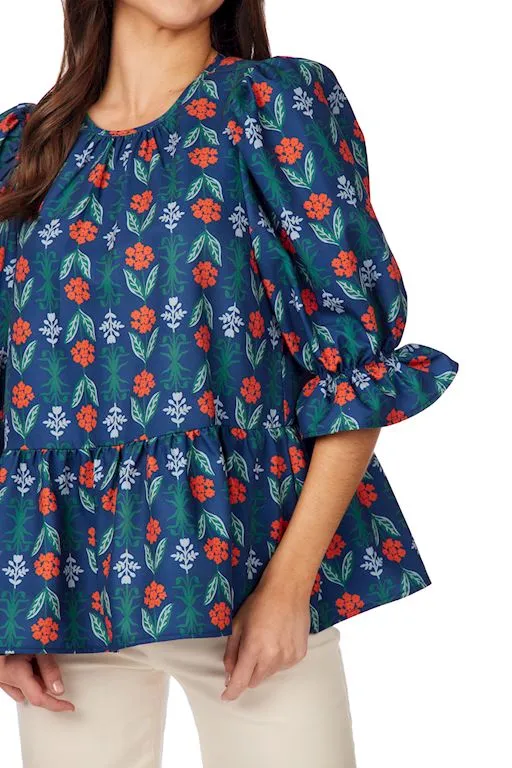 Navy Floral Pierce Flounce Top