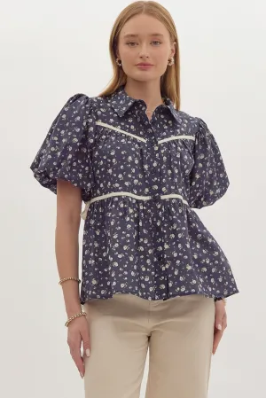 Navy Floral Tiered Blouse