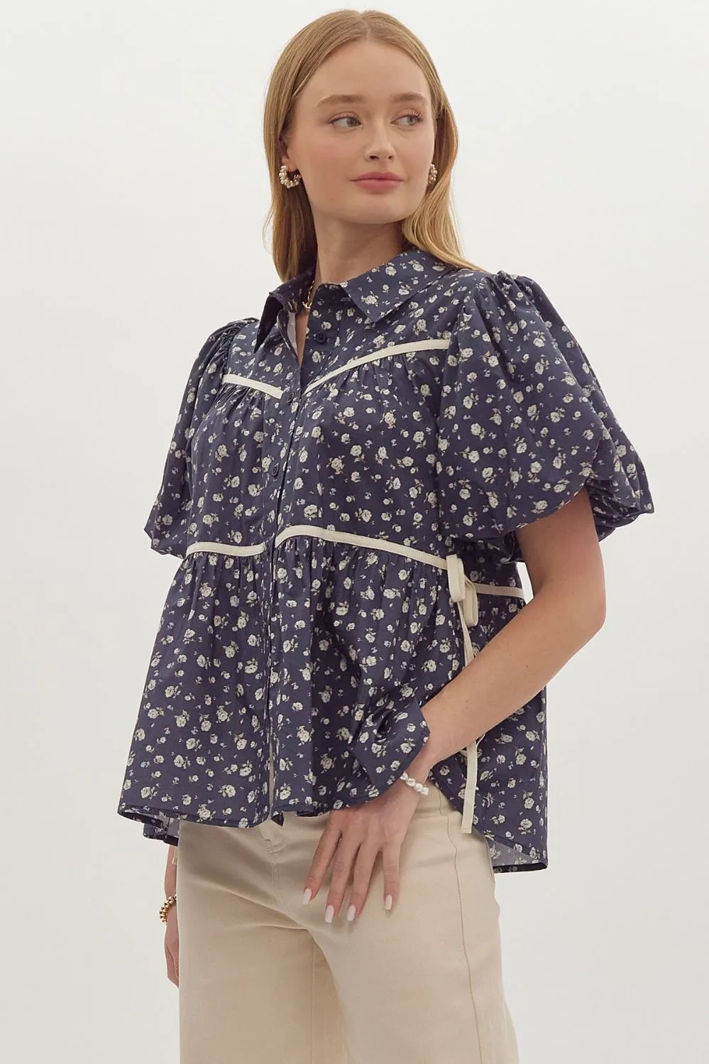 Navy Floral Tiered Blouse