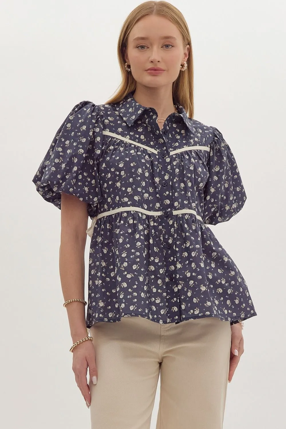 Navy Floral Tiered Blouse