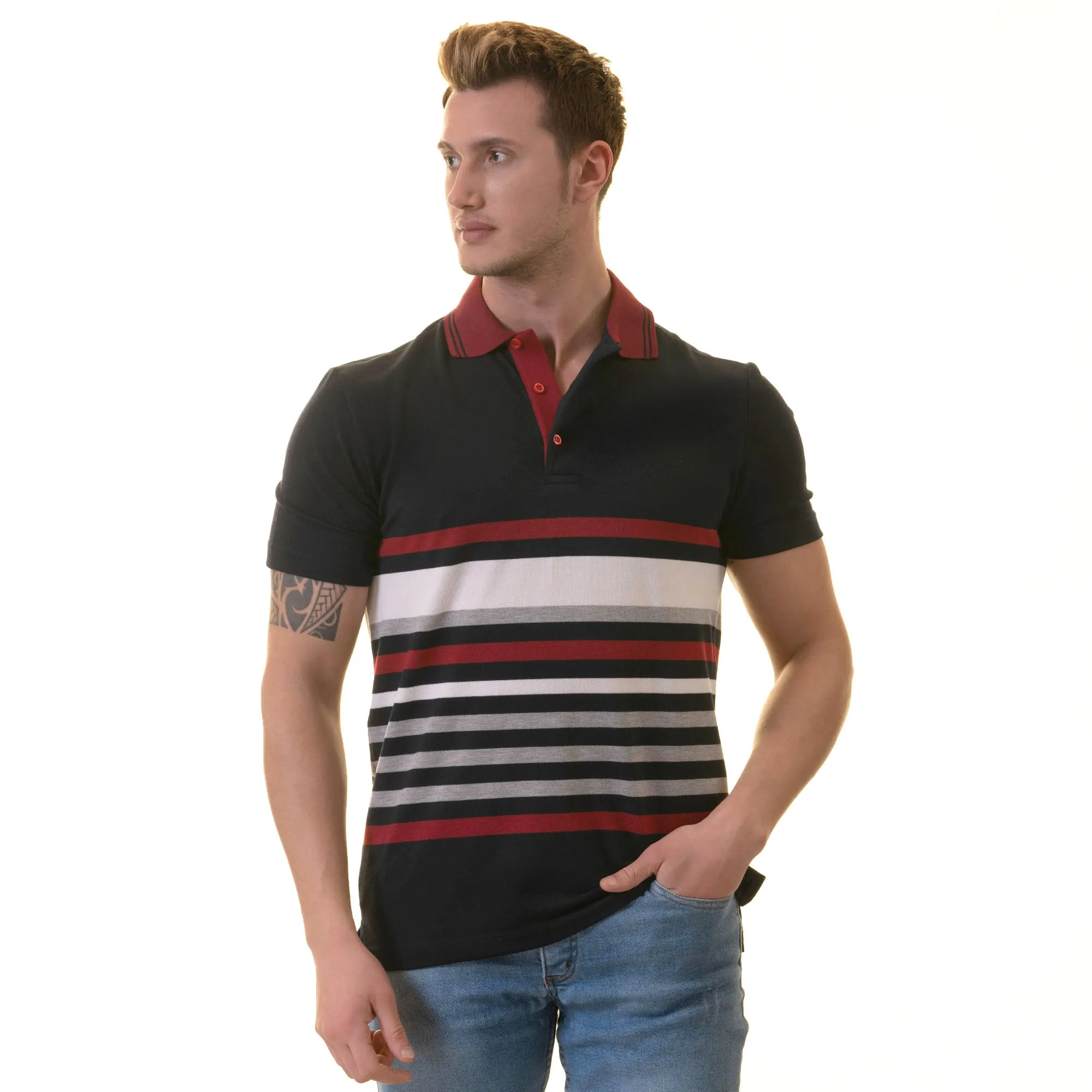Navy Red Striped Special Cut Polo Shirt Mens Slim Fit Polo Shirts - 100% Soft Cotton - Tailored Comfortable Fit
