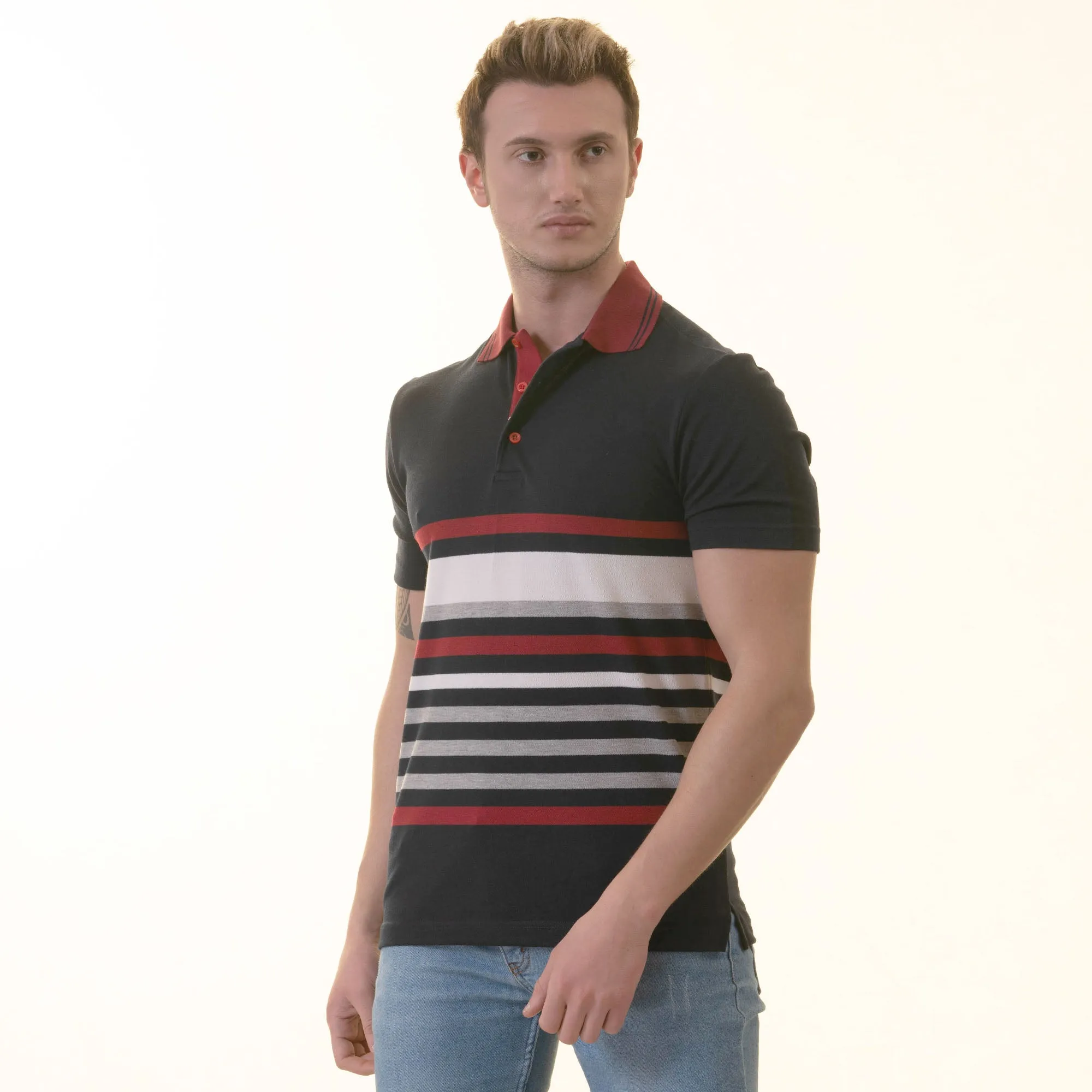 Navy Red Striped Special Cut Polo Shirt Mens Slim Fit Polo Shirts - 100% Soft Cotton - Tailored Comfortable Fit