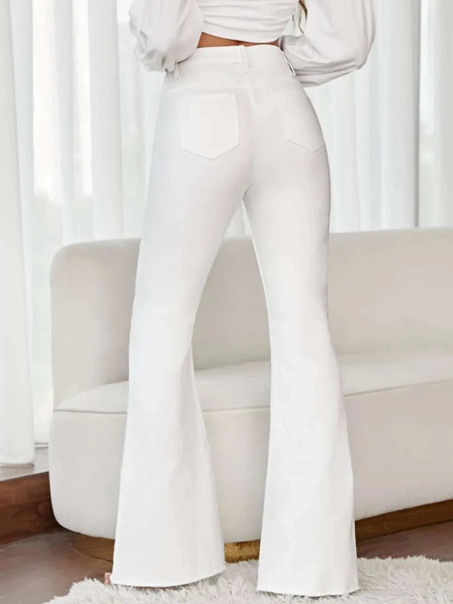 New Shein High-rise Raw Hem Flare Jeans, White, sz L! Rated 4.82 out of 5 stars! Fits True