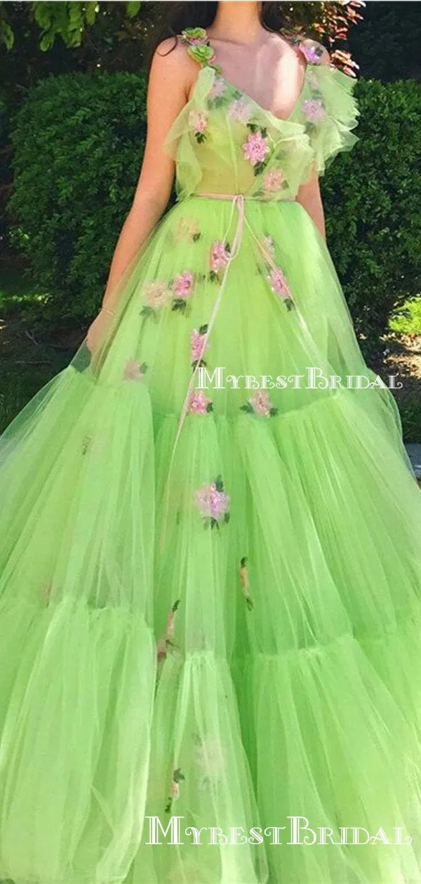 Newest Charming Elegant Deep V-neck Mint Tulle With Flower Appliqued Long Cheap Prom Dresses, PDS0013