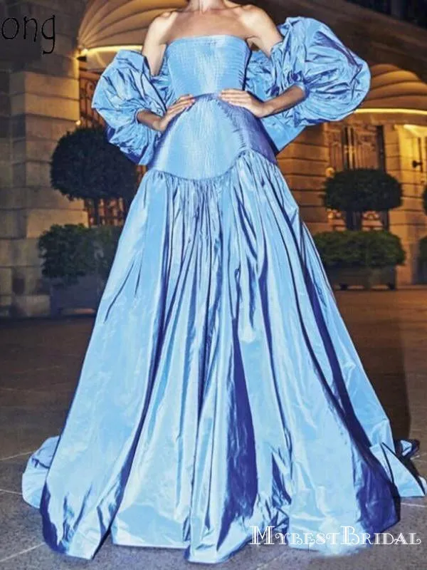 Newest Elegant Off-The-Shoulder Long Sleeves Blue Saitn A-line Long Cheap Evening Party Prom Dresses, PDS0017