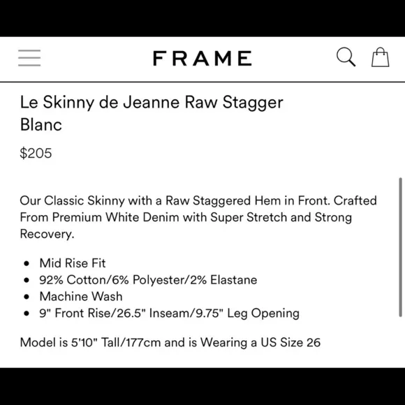 NWT $205 Frame Skinny de Jeanne Step Hem Jeans Blanc Size 25 Revolve