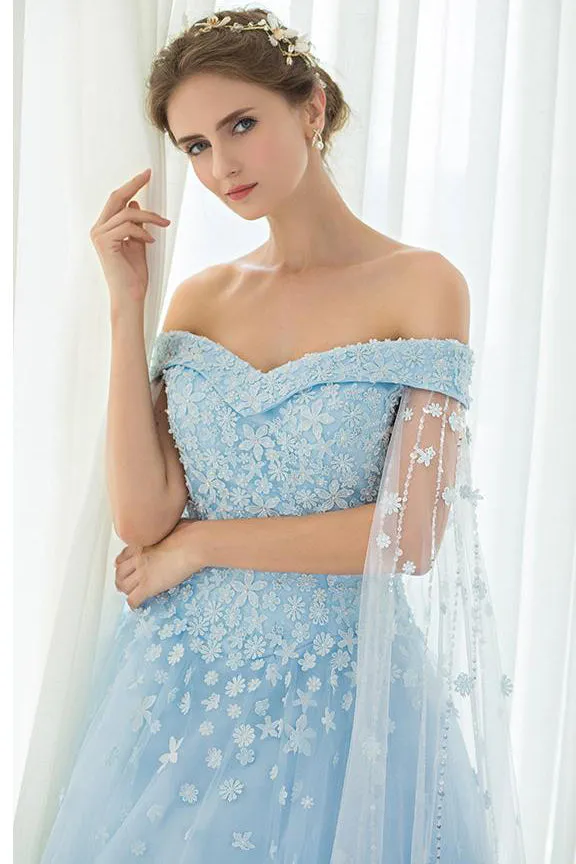 Off Shoulder Appliques Lace-Up Sky Blue Long Prom Dress