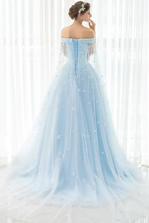 Off Shoulder Appliques Lace-Up Sky Blue Long Prom Dress