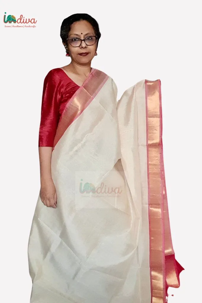 Off White & Pink Paturu Handloom Sico Saree