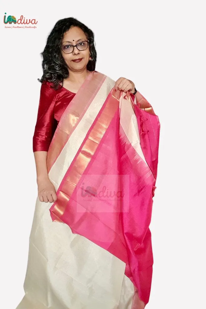 Off White & Pink Paturu Handloom Sico Saree