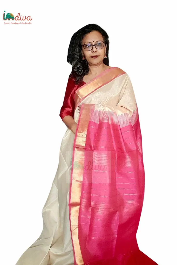Off White & Pink Paturu Handloom Sico Saree