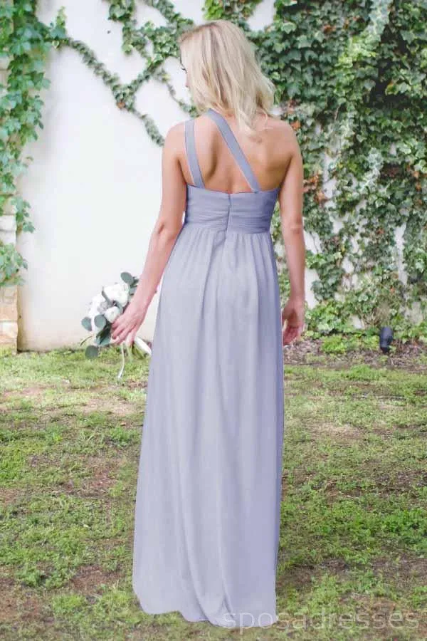 One Shoulder Dusty Blue Long Chiffon Cheap Bridesmaid Dresses Online, WG260