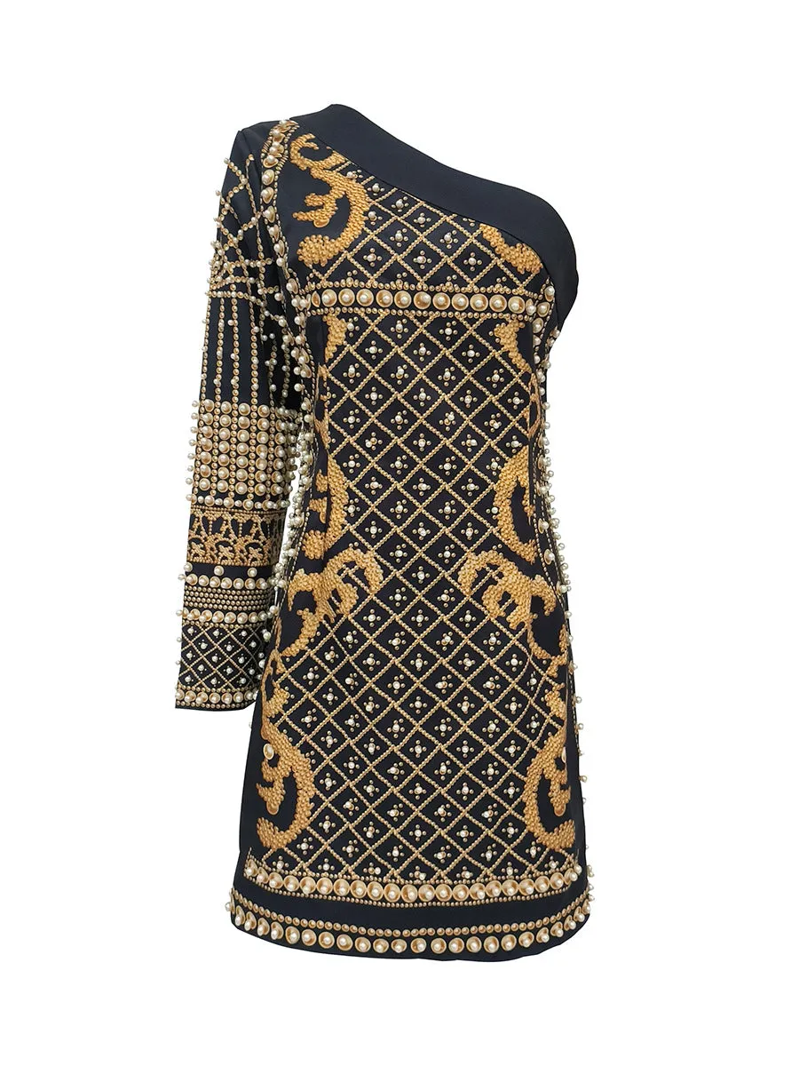 Party One Shoulder Beaded Floral Bodycon Mini Dresses