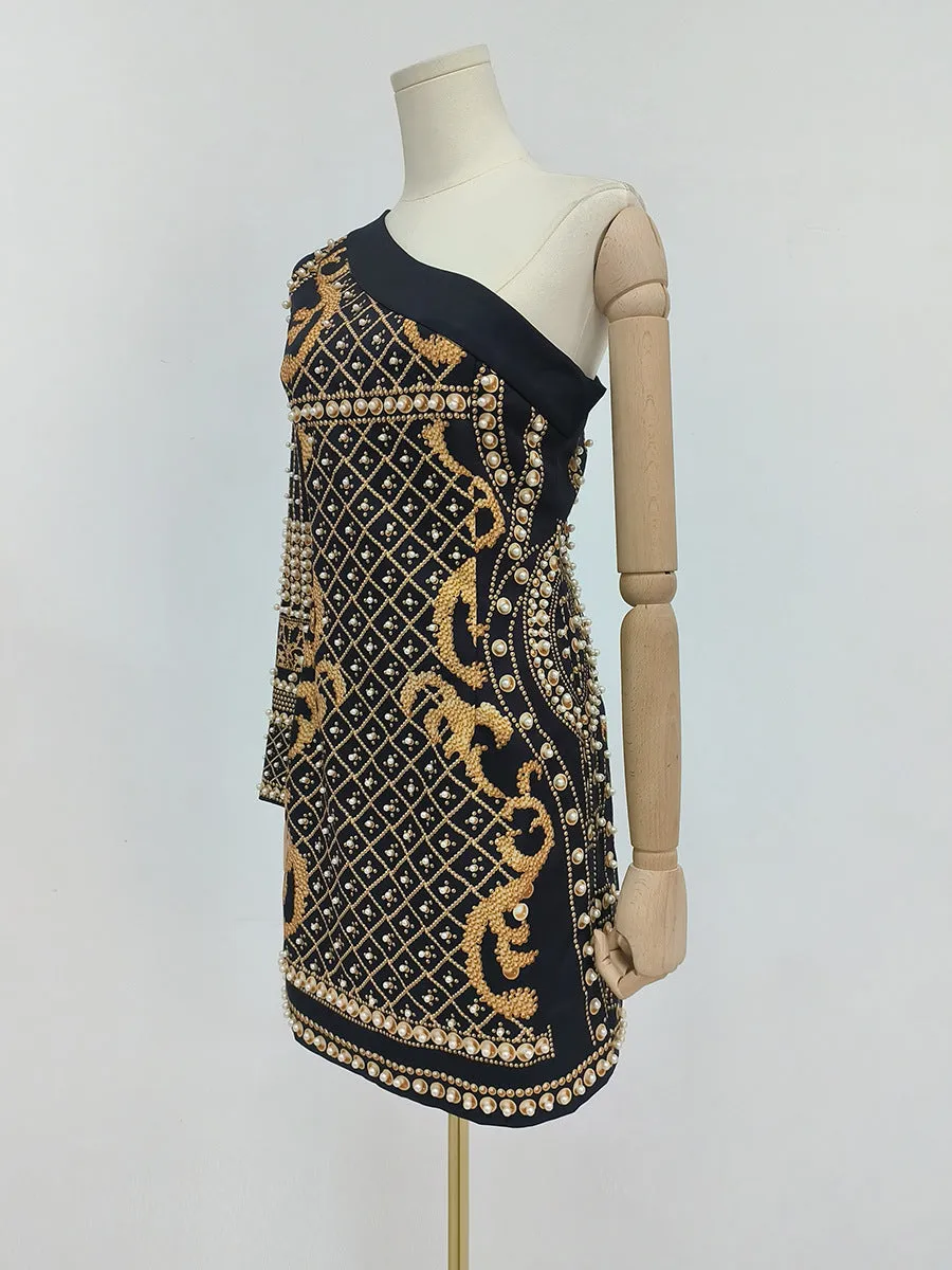 Party One Shoulder Beaded Floral Bodycon Mini Dresses