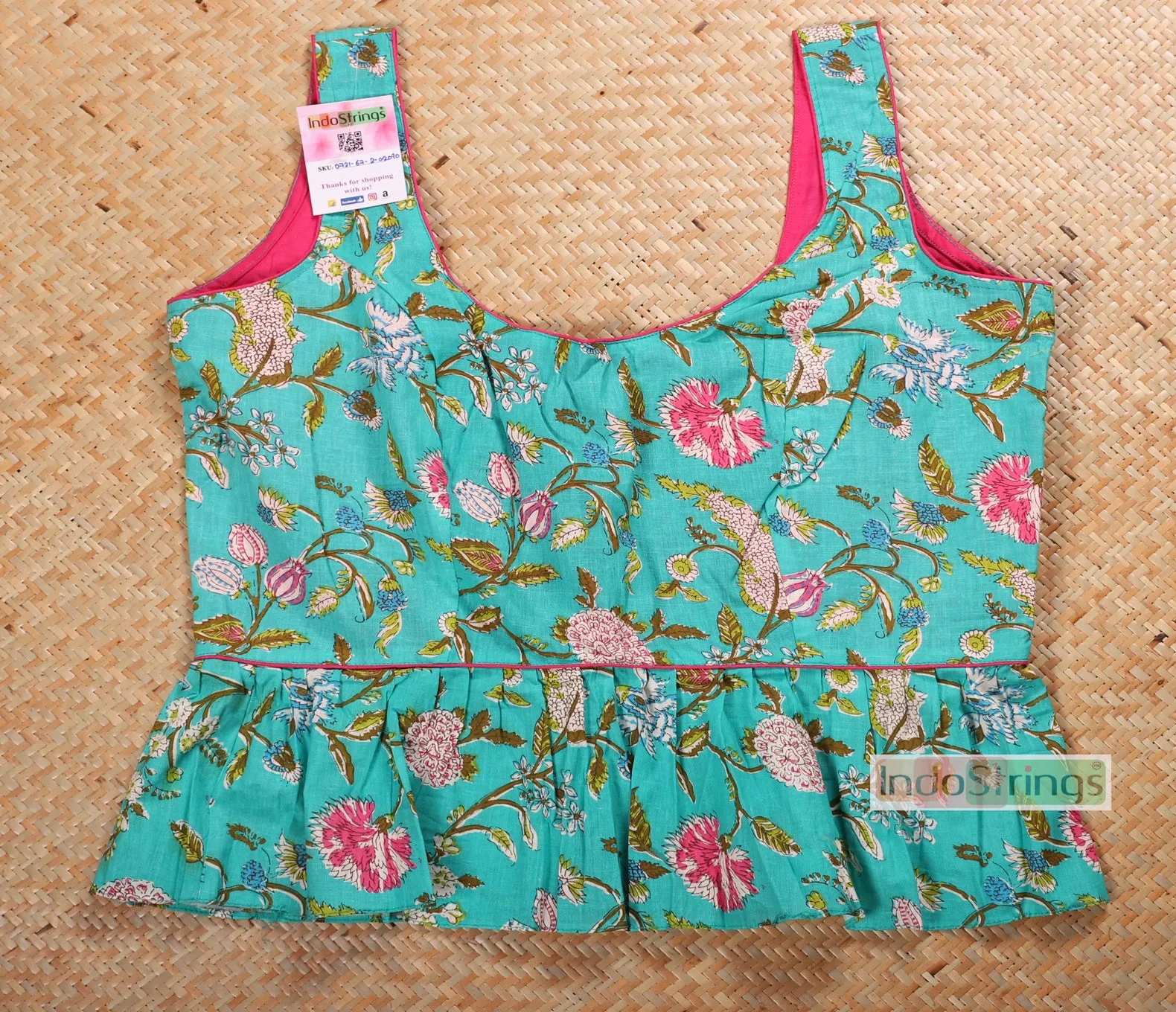 Pastel Floral Peplum Sleeveless Blouse (Turquoise)
