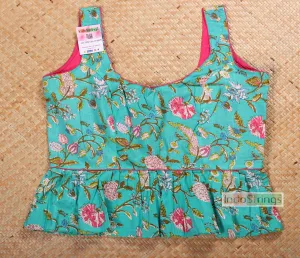 Pastel Floral Peplum Sleeveless Blouse (Turquoise)