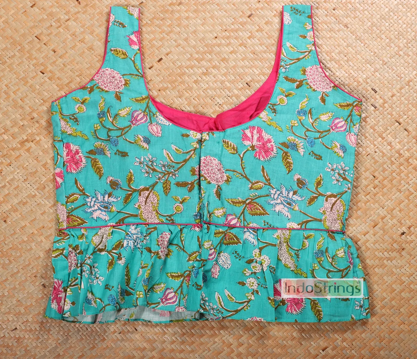 Pastel Floral Peplum Sleeveless Blouse (Turquoise)