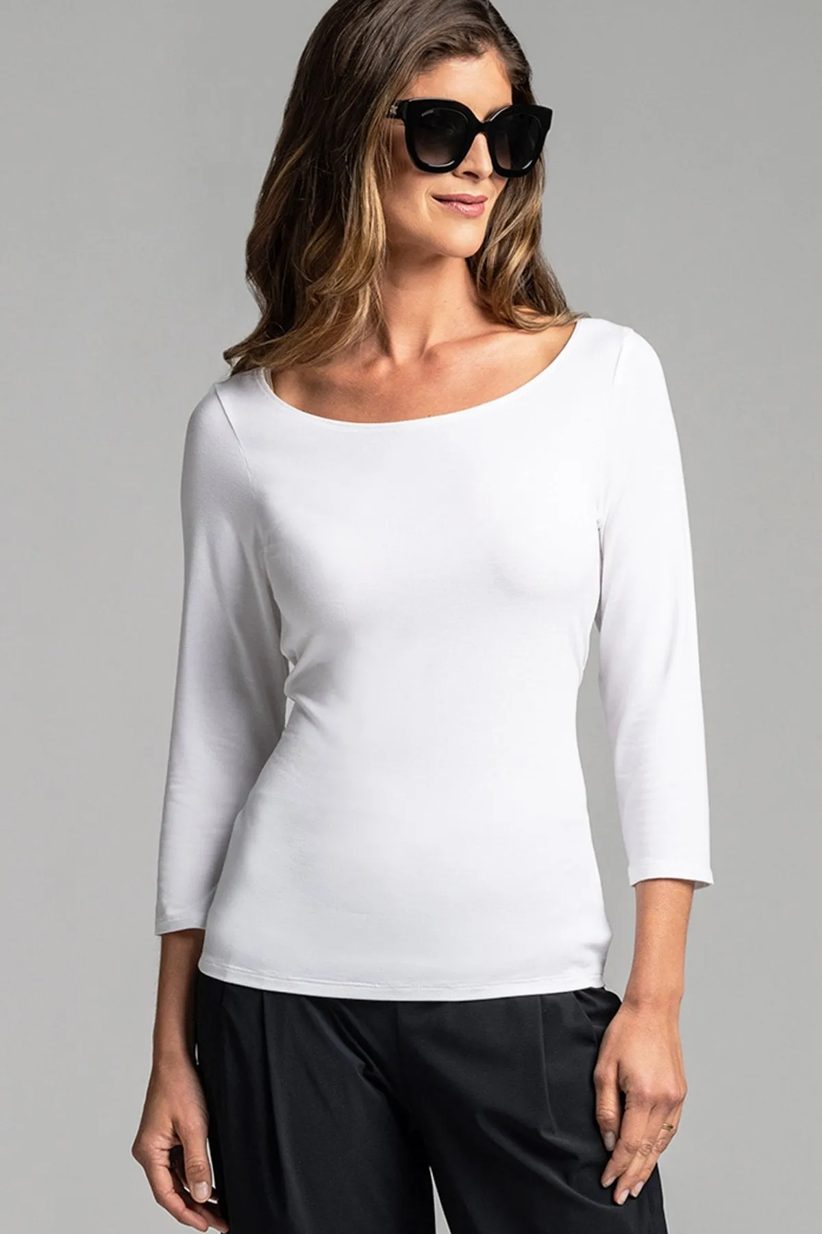 PAULA RYAN ESSENTIALS Slim Fit 3/4 Sleeve Wide Neck Top - MicroModal