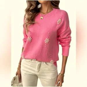 Pearl Sweater bead embellished pink crew neck top t-shirt sweatshirt women’s S