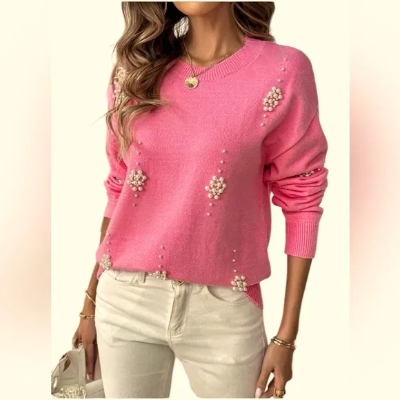 Pearl Sweater bead embellished pink crew neck top t-shirt sweatshirt women’s S
