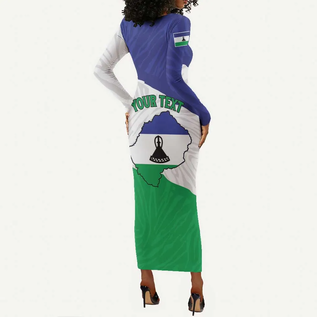 Personalised Afro Lesotho Long Sleeve Bodycon Dress Coat Of Arms With Map - Grunge Style LT15