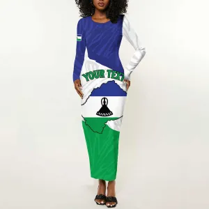 Personalised Afro Lesotho Long Sleeve Bodycon Dress Coat Of Arms With Map - Grunge Style LT15