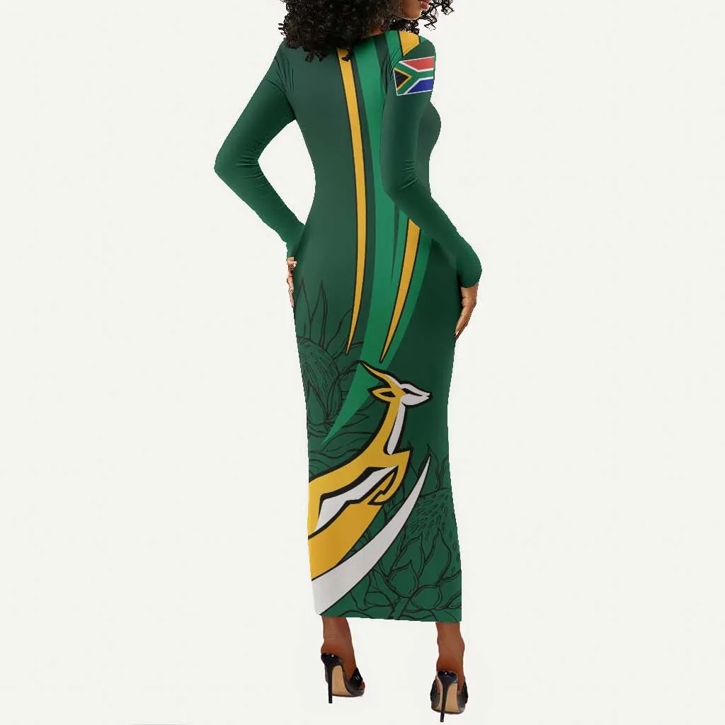 Personalized South Africa Rugby Long Sleeve Bodycon Dress - Springboks Go Champions, World Cup LT01