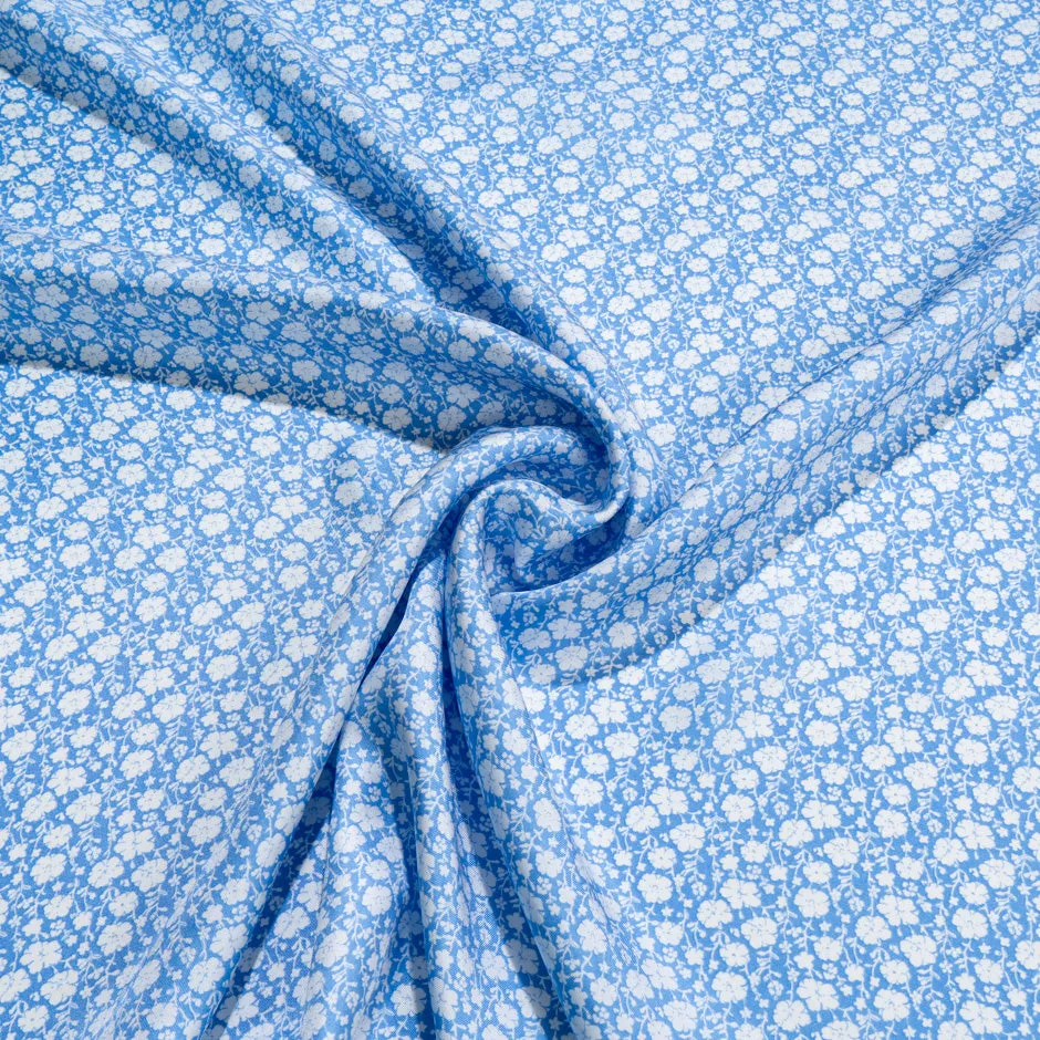 Petite White Floral Printed Blue Silk Twill