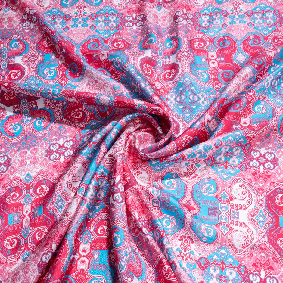 Pink & Blue Geometric Printed Pure Silk Twill