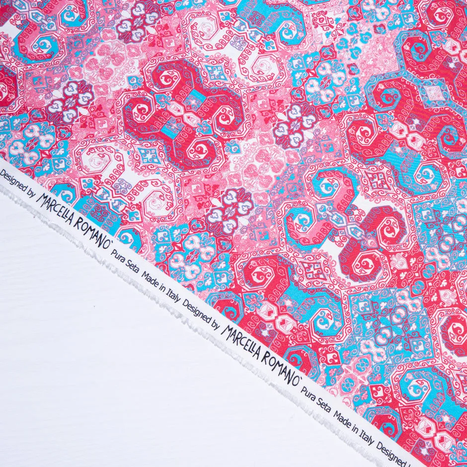Pink & Blue Geometric Printed Pure Silk Twill