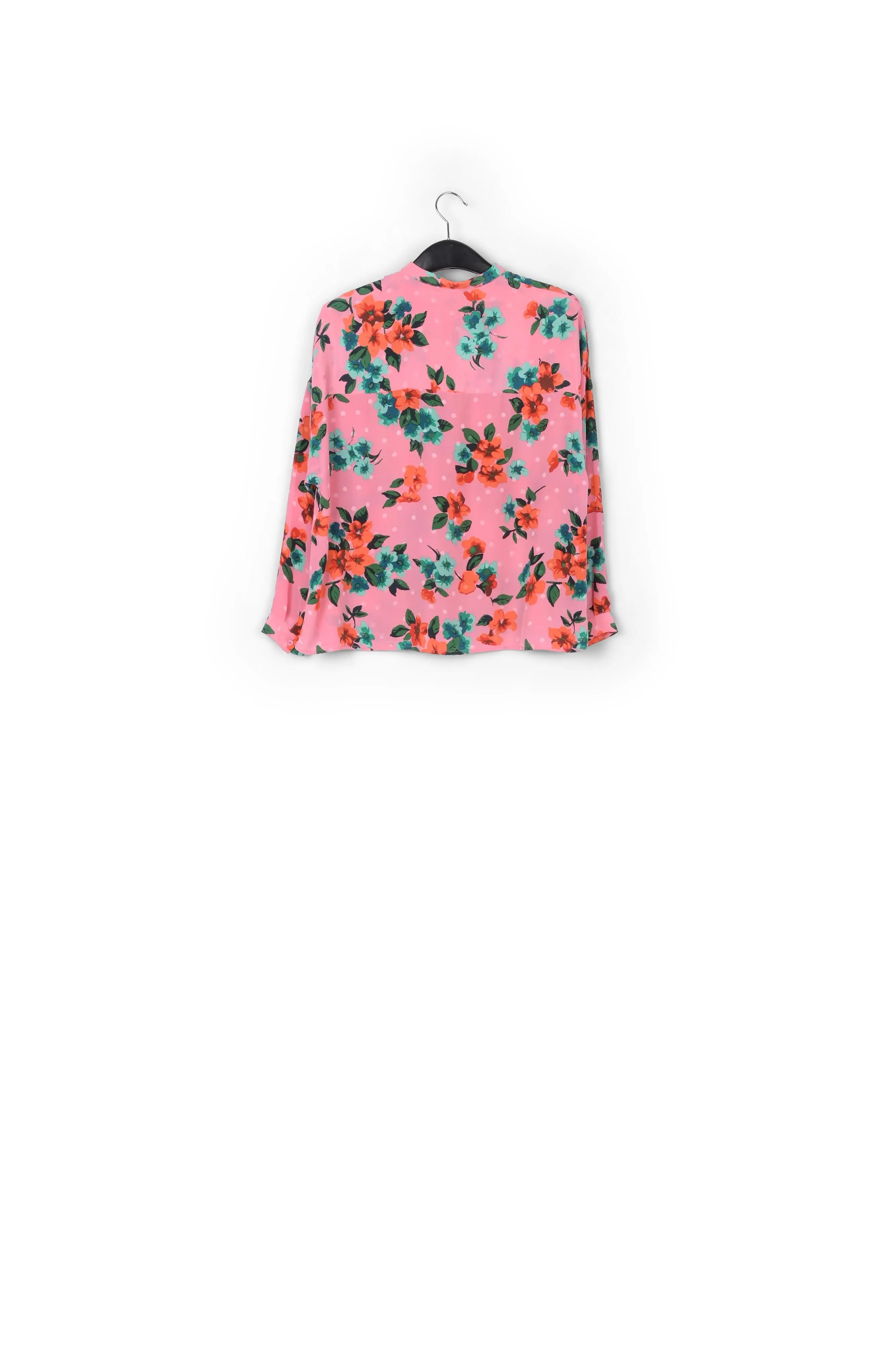 Pink floral and polka dot silk buttoned blouse