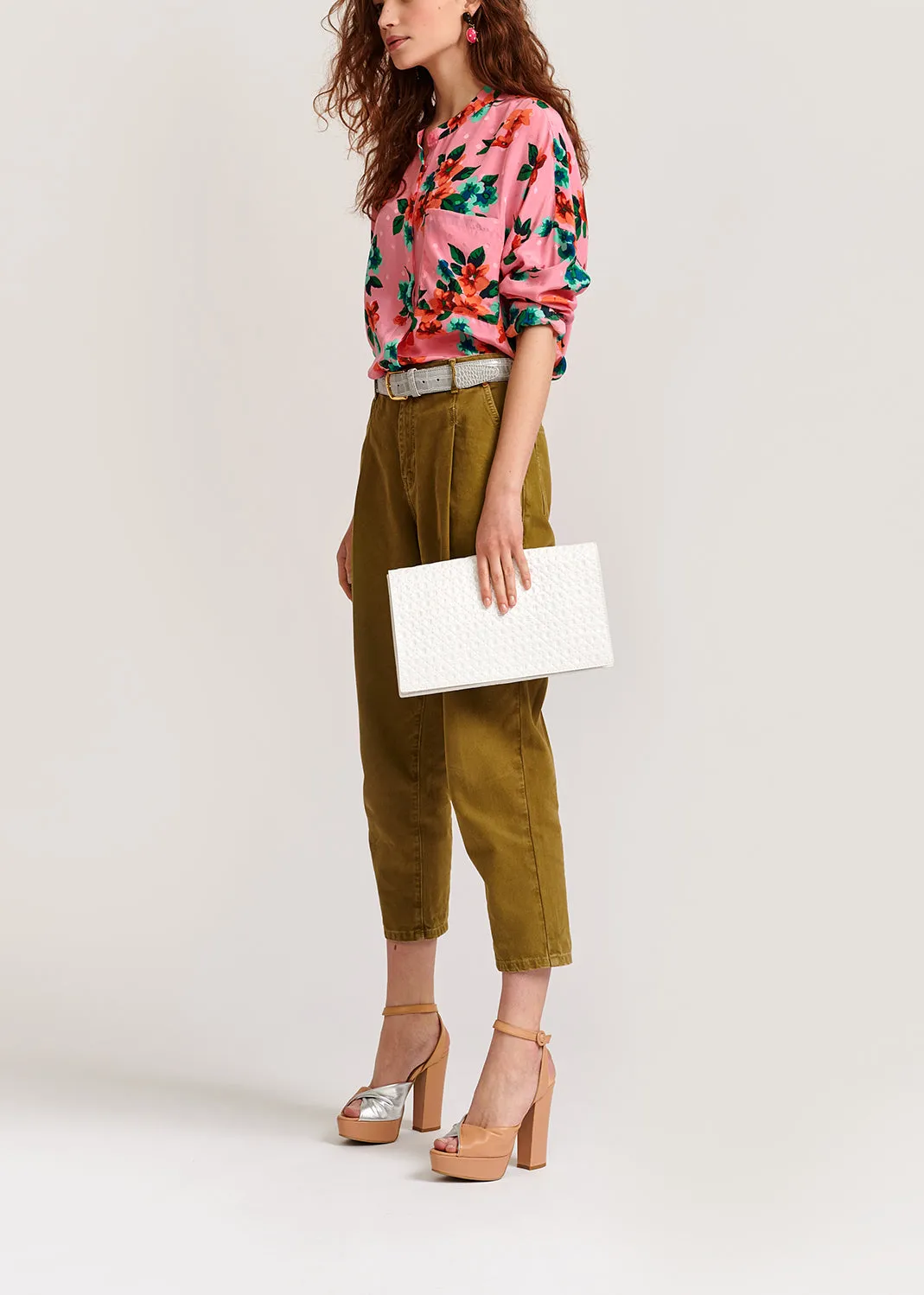Pink floral and polka dot silk buttoned blouse