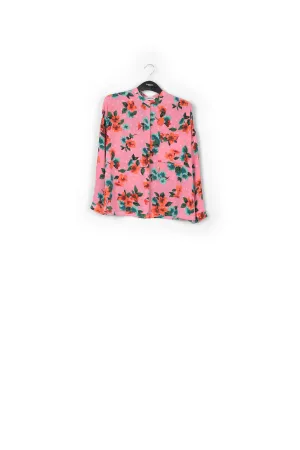 Pink floral and polka dot silk buttoned blouse