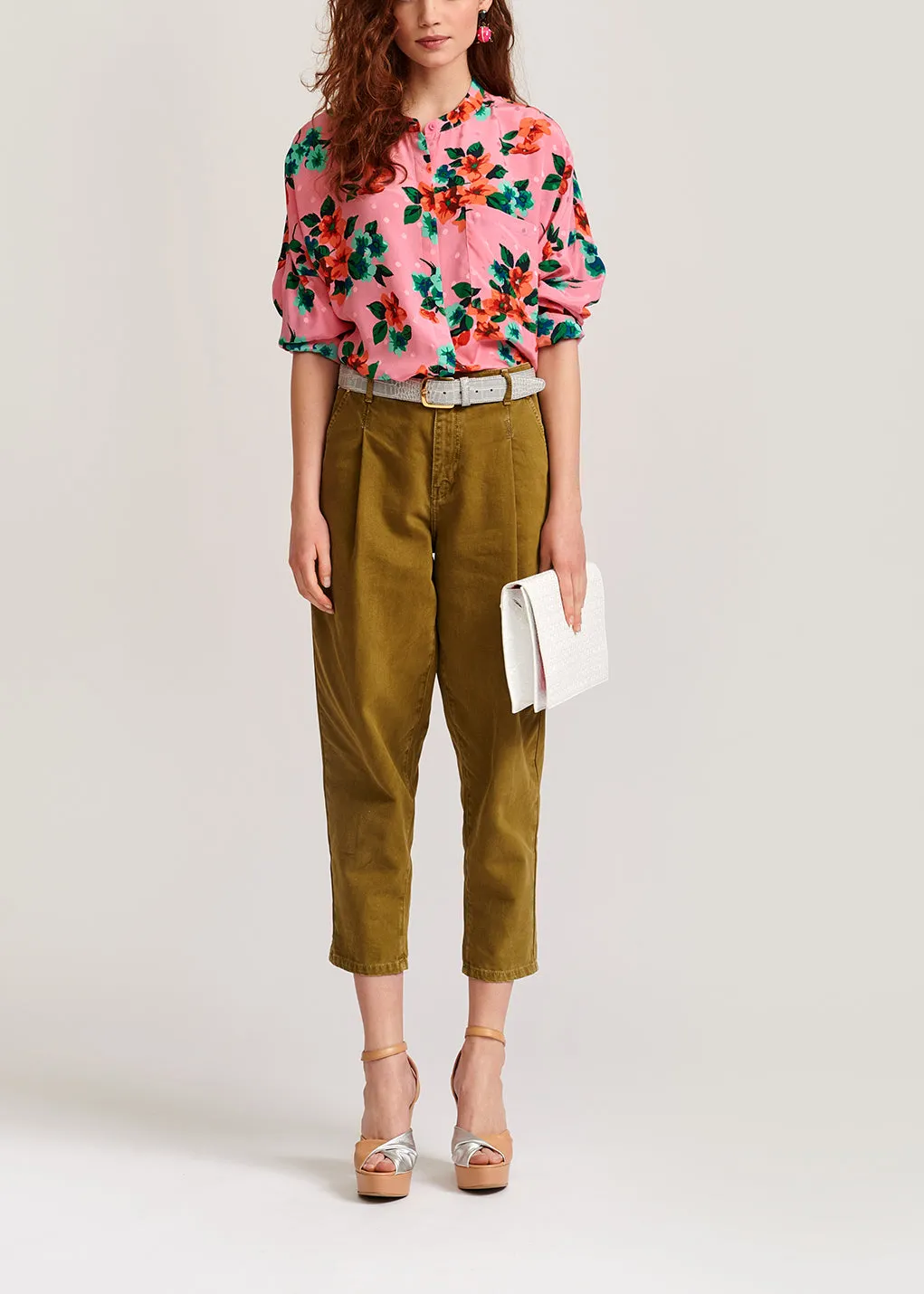 Pink floral and polka dot silk buttoned blouse