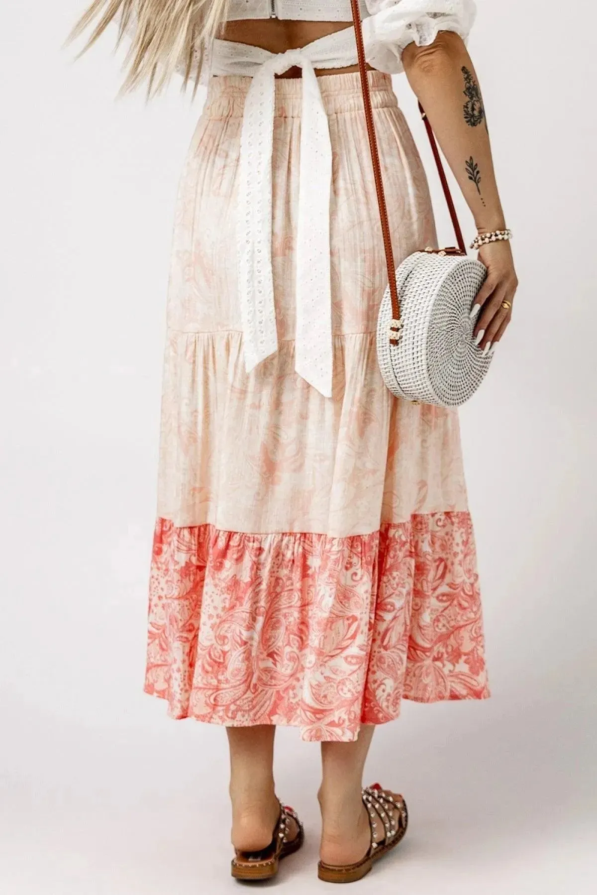 Pink Floral Print Ruffle Hem Tiered Maxi Skirt