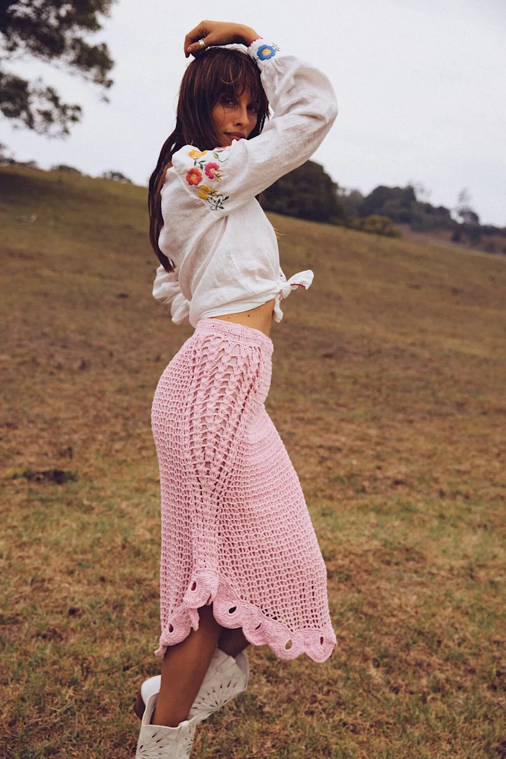Pink Moon Crochet Midi Skirt