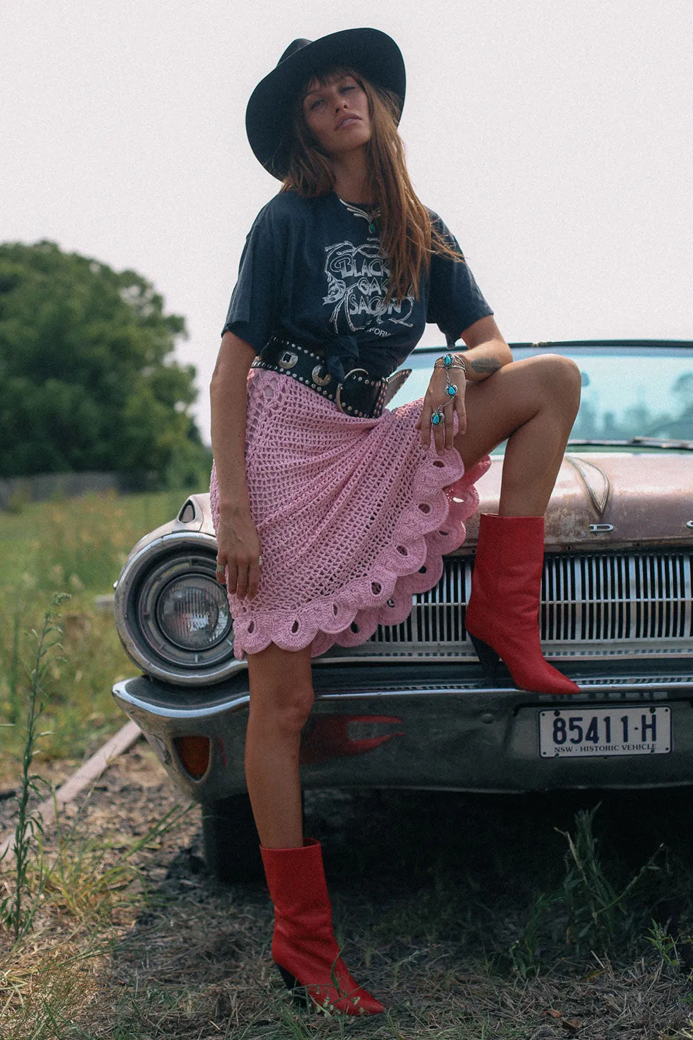 Pink Moon Crochet Midi Skirt