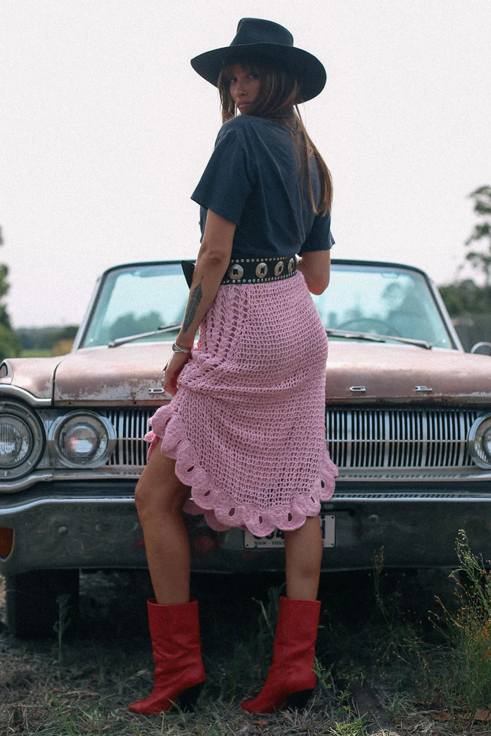 Pink Moon Crochet Midi Skirt