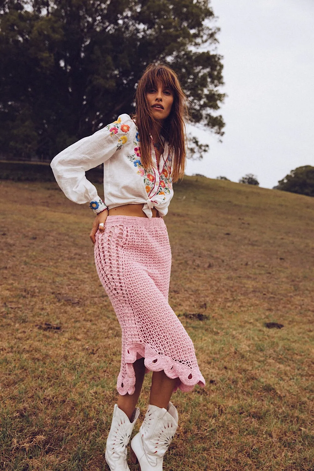 Pink Moon Crochet Midi Skirt