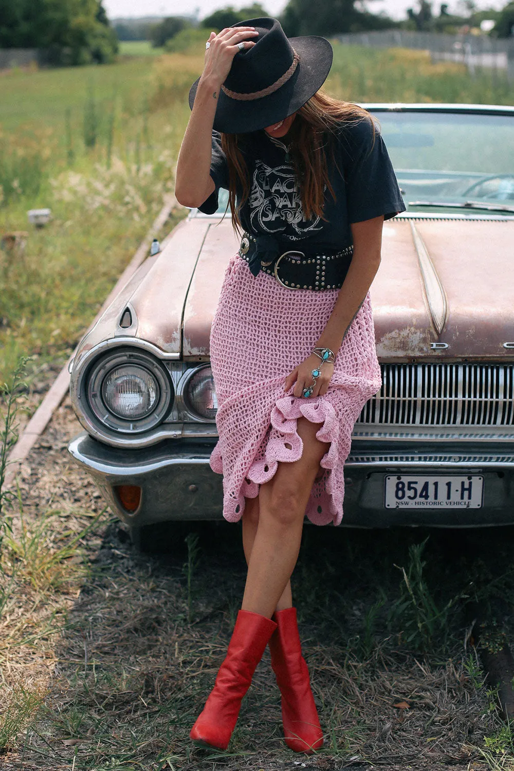 Pink Moon Crochet Midi Skirt
